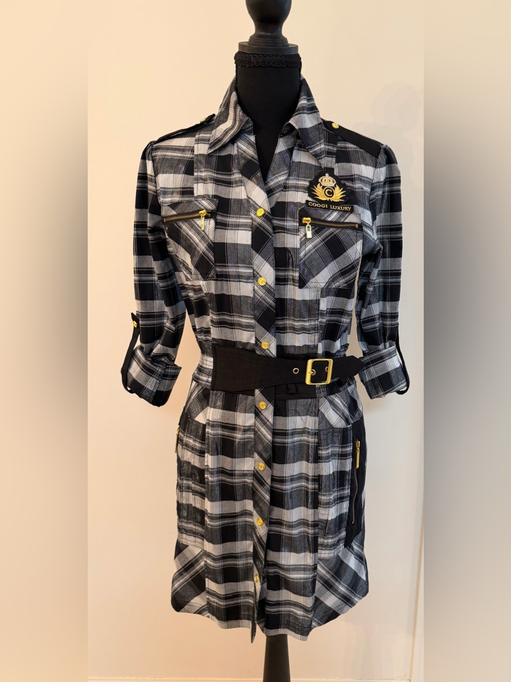 COOGI Black & Gray Plaid Belted Shirt Dress with Gold Hardware